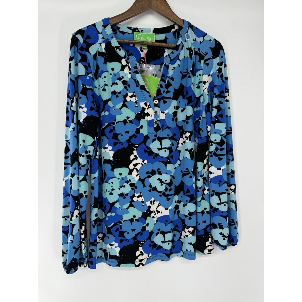 Cappagallo Blue V-Neck Floral Blouse Long Sleeve Polyester‎ Stretch NWT spring S